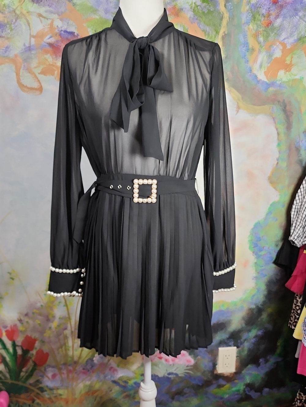 Fashion Nova Black Sheer Tie-Neck Mini Dress with Pearl-Trim Belt